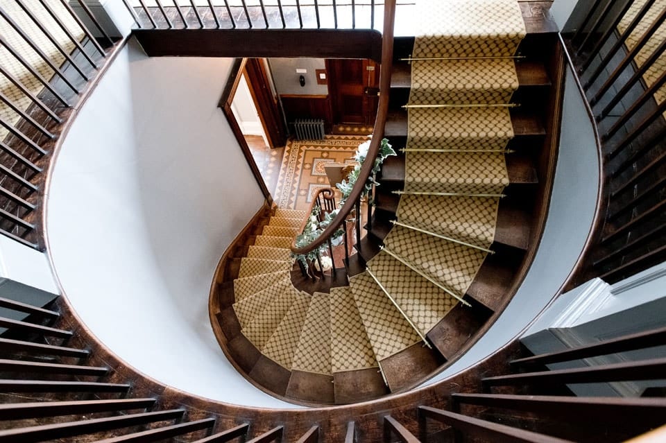 The spiral staircase at Glewstone Court viewed from above